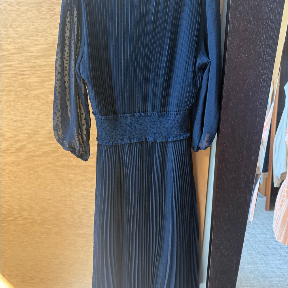 Nanette Lepore Navy Pleated Midi Dress with Sheer Dot Sleeves